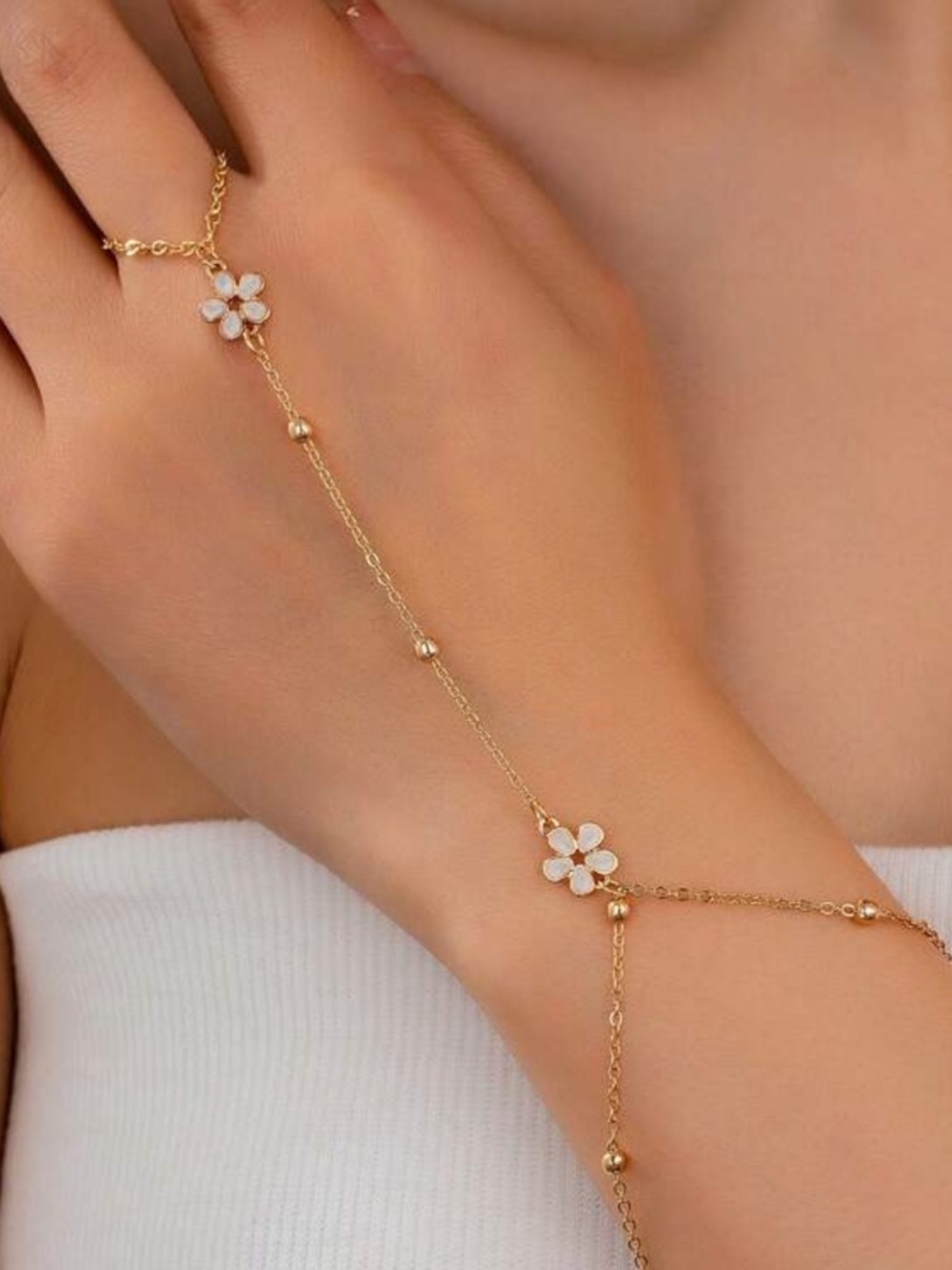 Delicate Gold Floral Hand Chain Bracelet - White Flower Accent